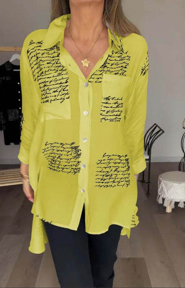 Letter Print Long Sleeve Shirt Fashion Commuter Style Lapel Shirt Women's Clothing - Mubimart