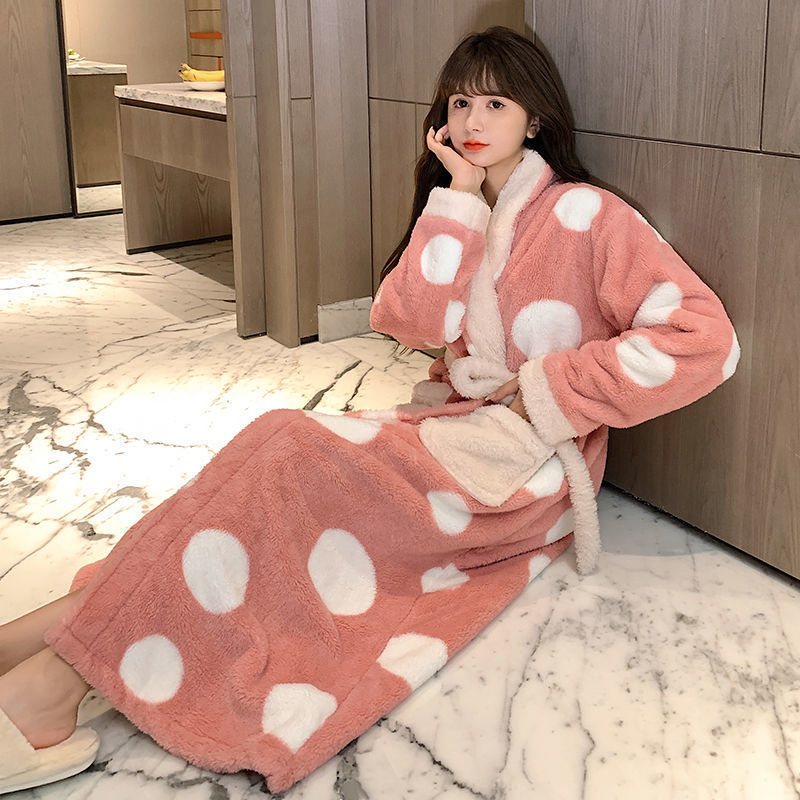 Winter Nightgown Women Coral Fleece Plus Velvet Thick Bathrobe Cute - Mubimart -  