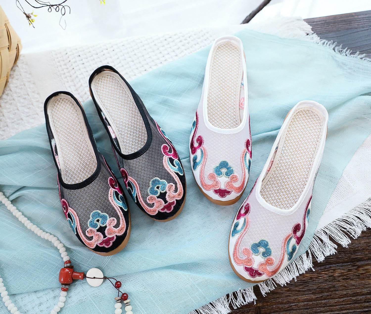 Slippers Mesh Embroidered Cotton Shoes Casual Women Outdoor Slippers - Mubimart
