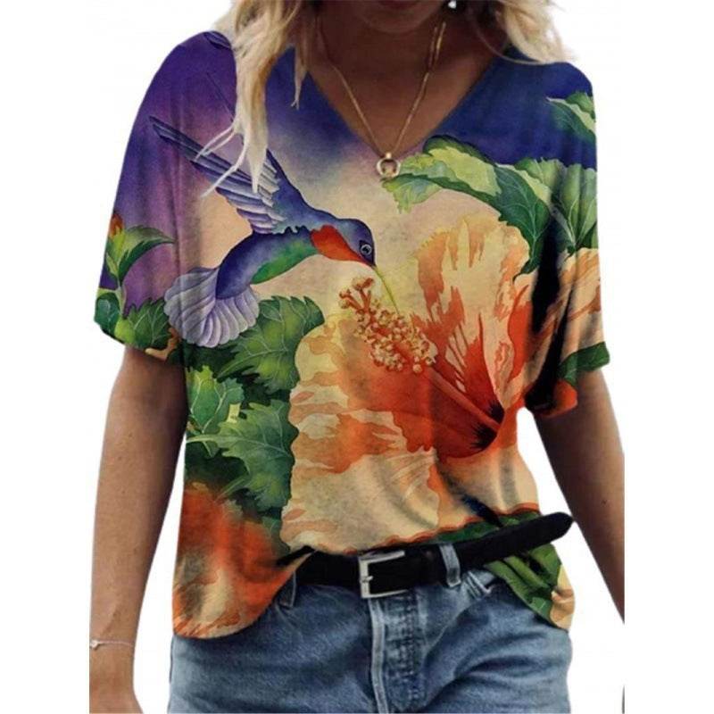 Flower Painting Printed T-shirt For Women - Mubimart