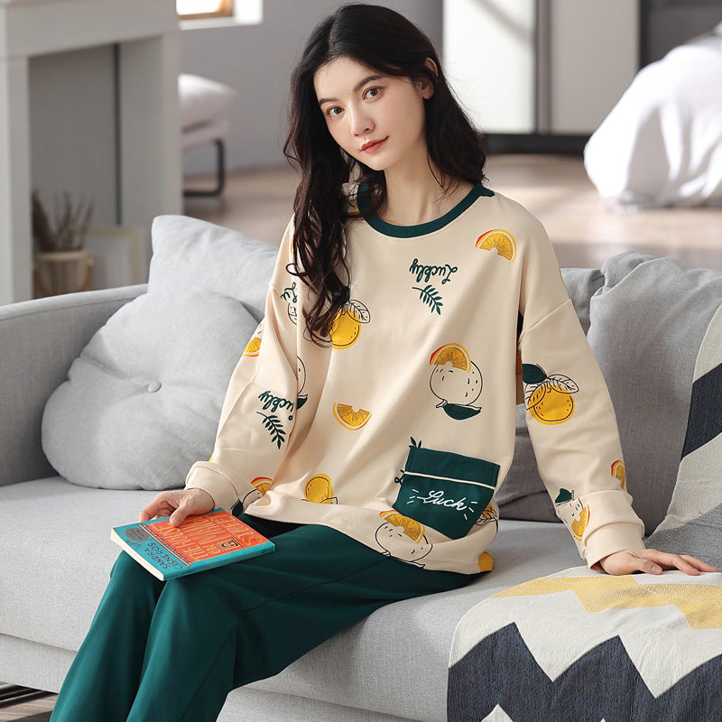 Loose Print Pajamas Women Autumn Winter Pyjama Set Long Sleeves And Trousers Elegant Sleepwear Girl Loungewear Home Clothes - Mubimart -  