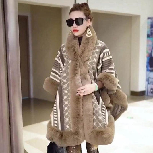 New Loose Plus Size Jacquard Fur Collar Shawl Wool Coat - Mubimart