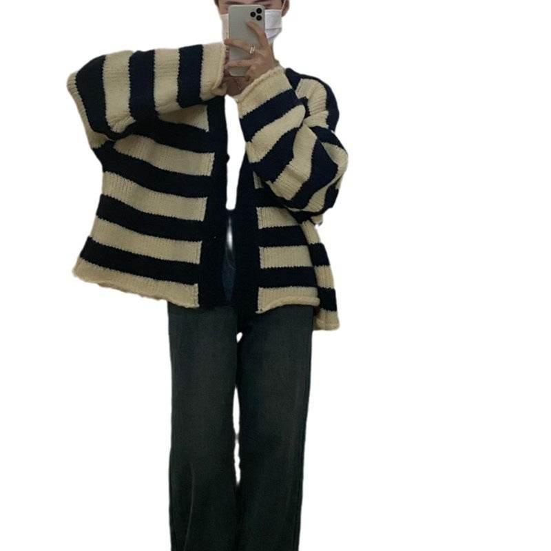 Plus Size Thick Needle Striped Sweater Cardigan - Mubimart