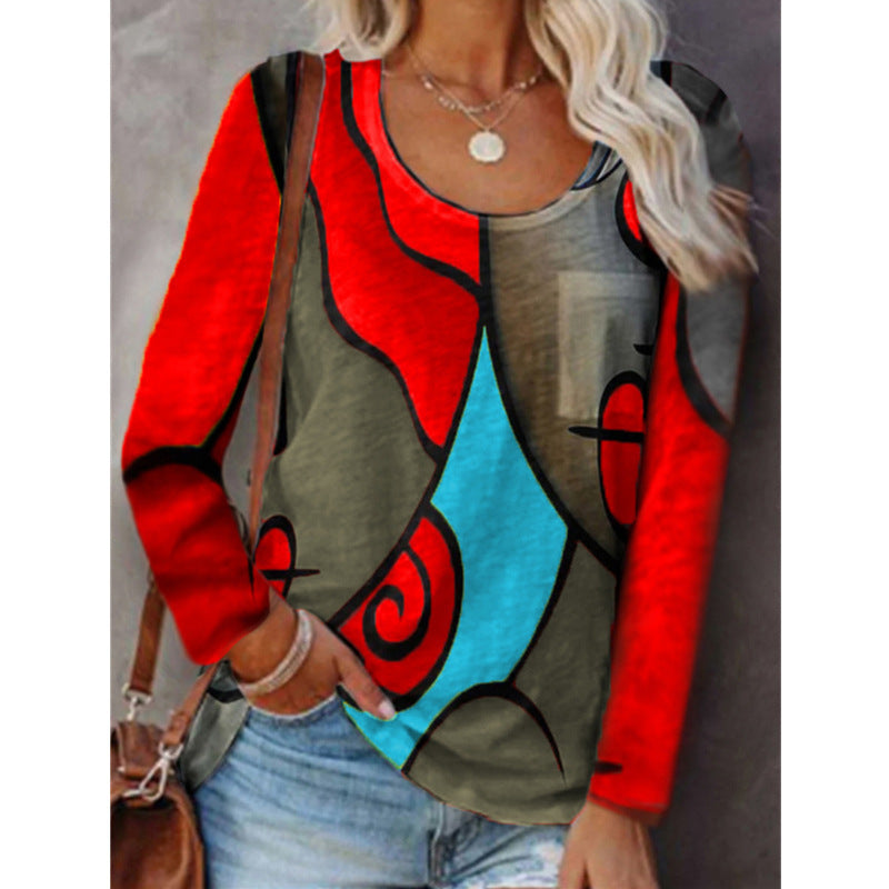 Casual Long-sleeved T-shirt Plus Size Color Matching Top - Mubimart - Plus Size Tshirts 