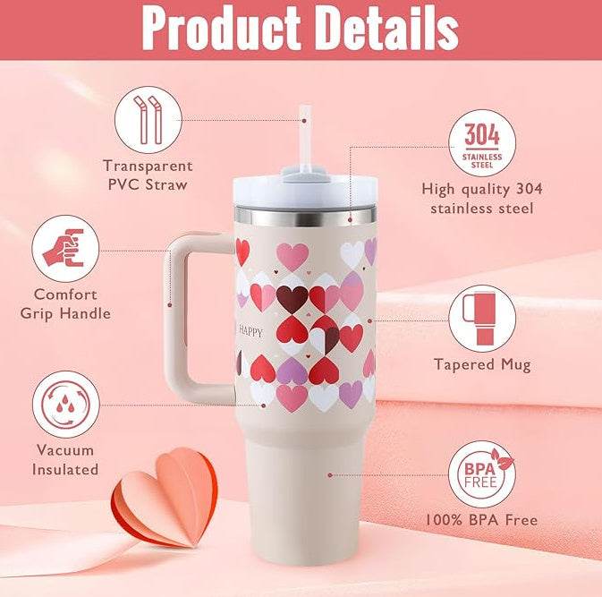 40 Oz Tumbler With Handle Straw Insulated, Stainless Steel Spill Proof Vacuum Coffee Cup Tumbler With Lid Tapered Mug Gifts For Valentine Lover Suitable For Car Gym Office Travel - Mubimart