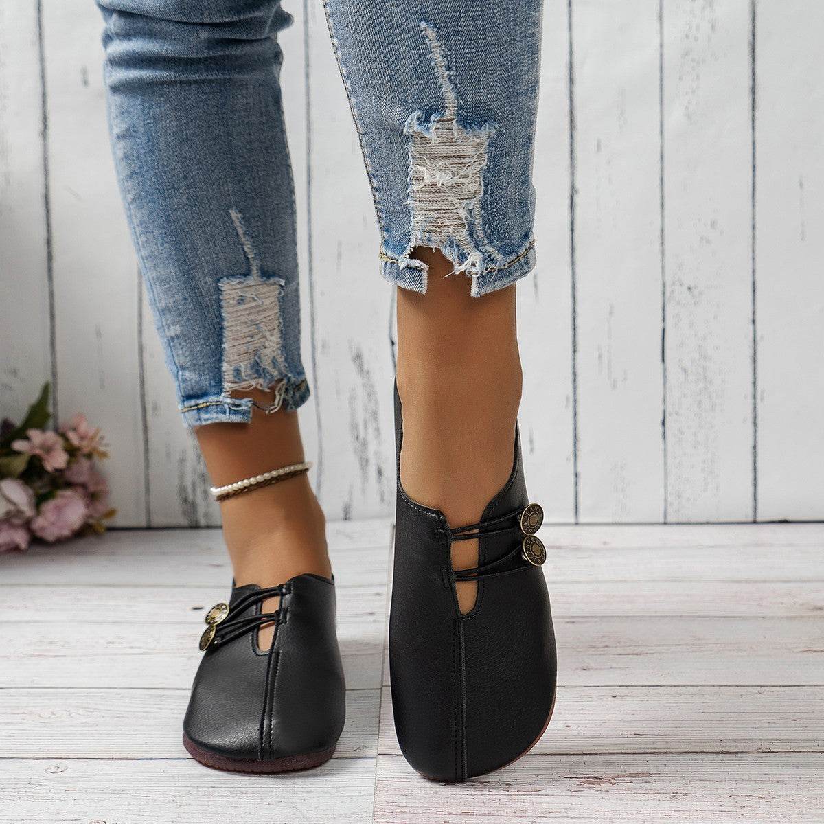 Casual Square Toe Flats Shoes Fashion Slip-on Button Loafers Women Shoes - Mubimart