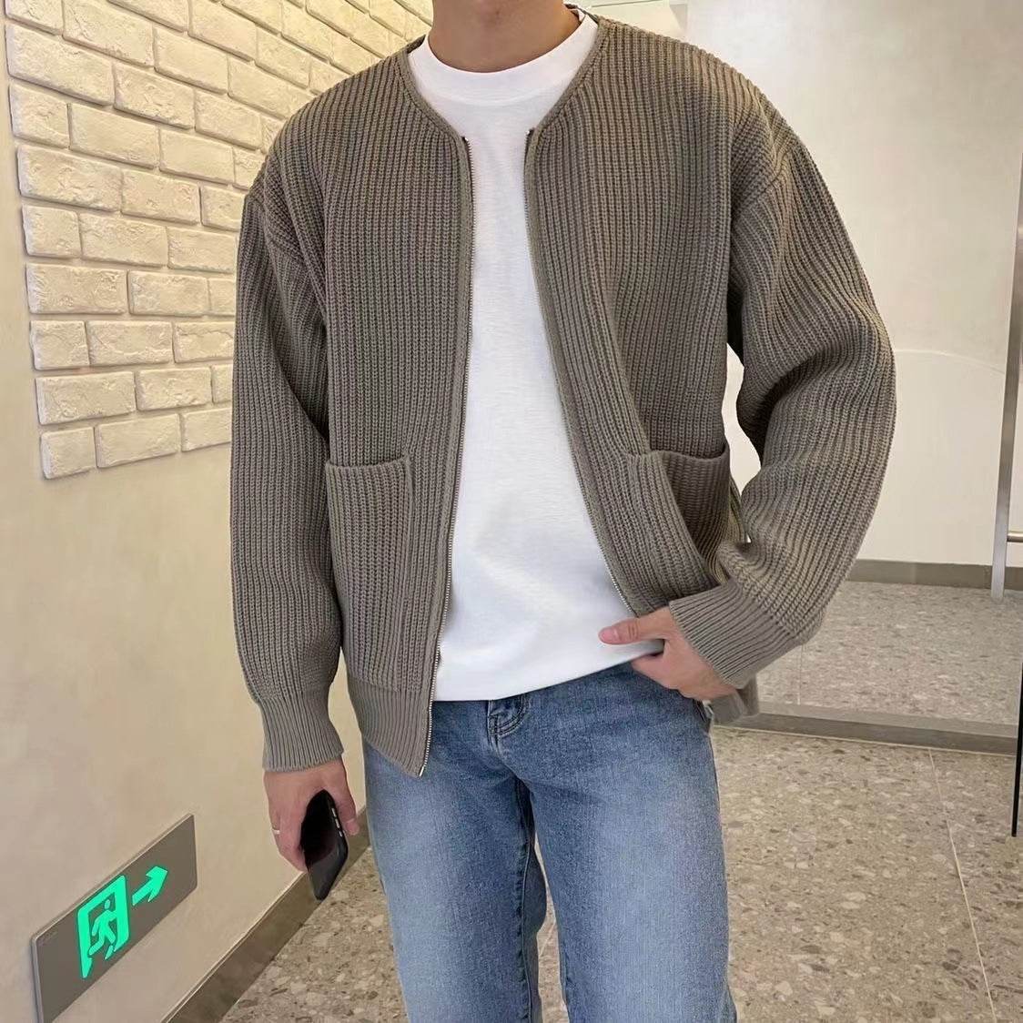 Men Zip Up Knitted Cardigan Lined Funnel Neck Jumper Sweater Pockets Coat All Seasons Comfortable Soft Long Sleeve - Mubimart