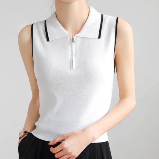 Casual Sweater Collar Size Women's Ice Silk French Style Vest Sleeveless - Mubimart