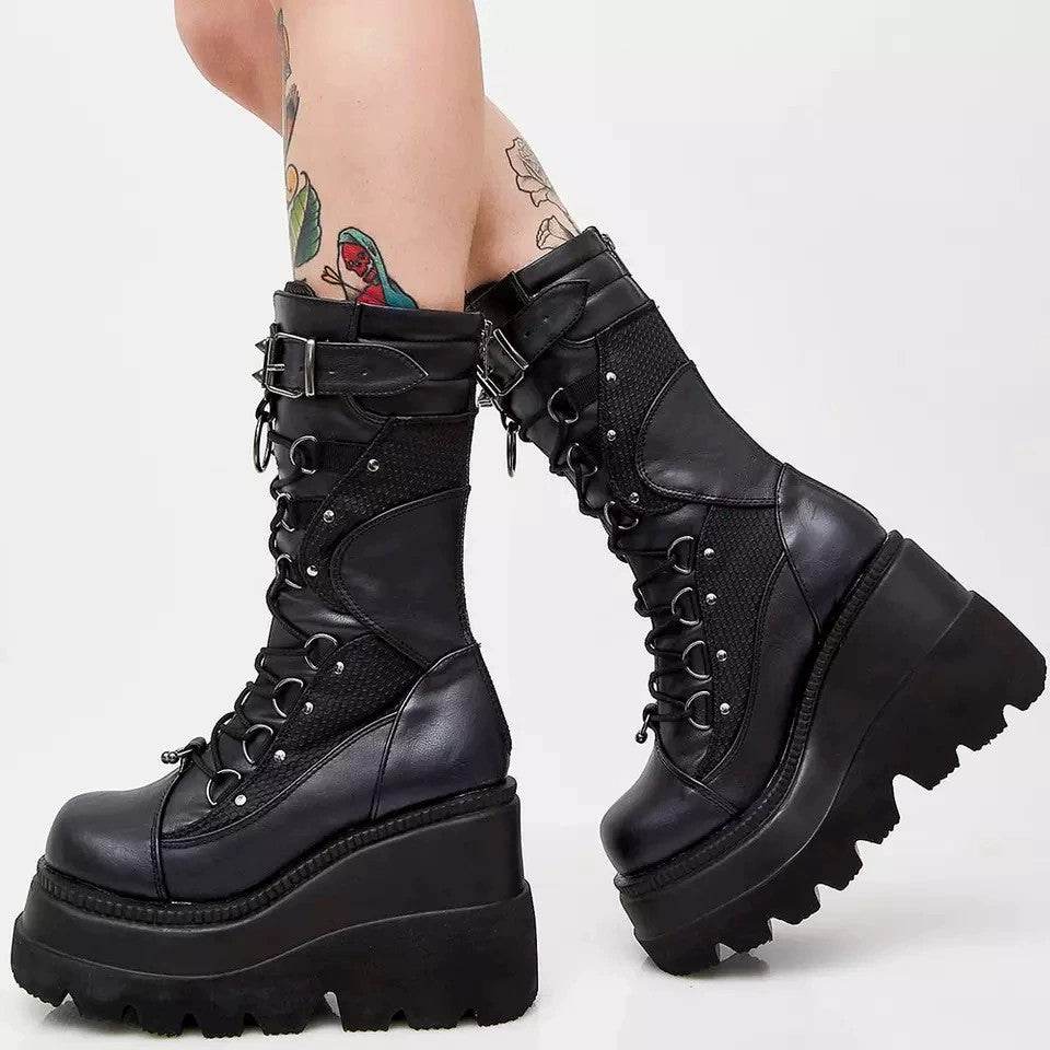 Lace-Up Combat Boot Motorcycle Black Bucke Chunky Boots For Women Winter Shoes - Mubimart