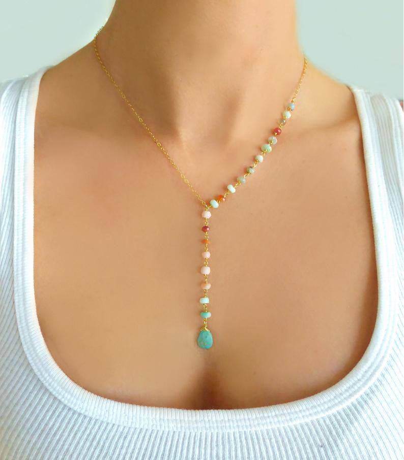 Colorful Rice Bead Chain Necklace Women New - Mubimart