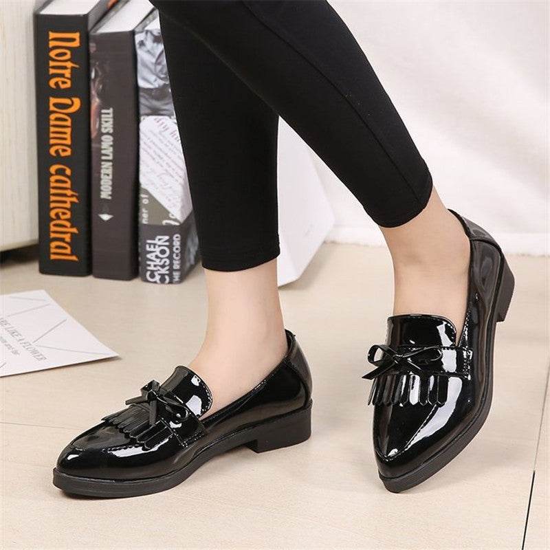 British Style Tassel Bow Flat Single Shoes Pointed Toe Flat Heel - Mubimart