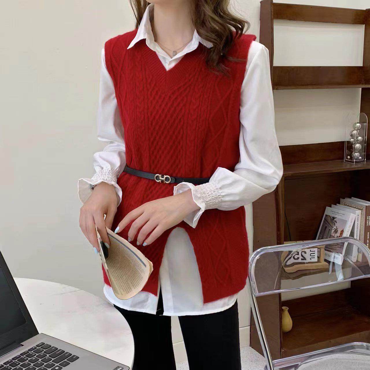 Wool Vest Knitted Vest Sweater Two-piece Set - Mubimart