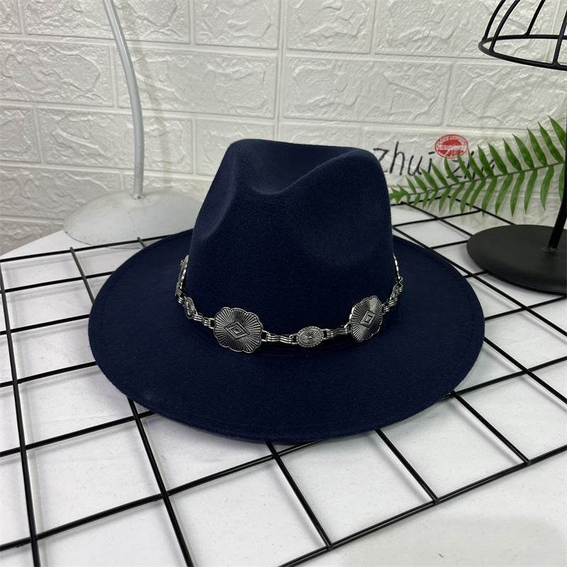 Hat Silver Square Chain Top Hat Wide Brim Flat Edge Woolen Fedora Hat - Mubimart