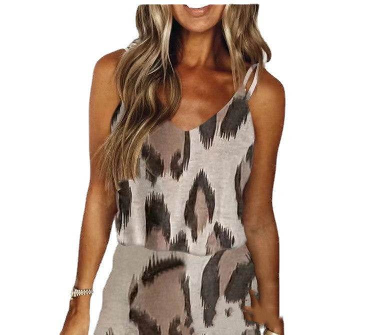 Printed Leopard V-Neck Slip Dress - Mubimart