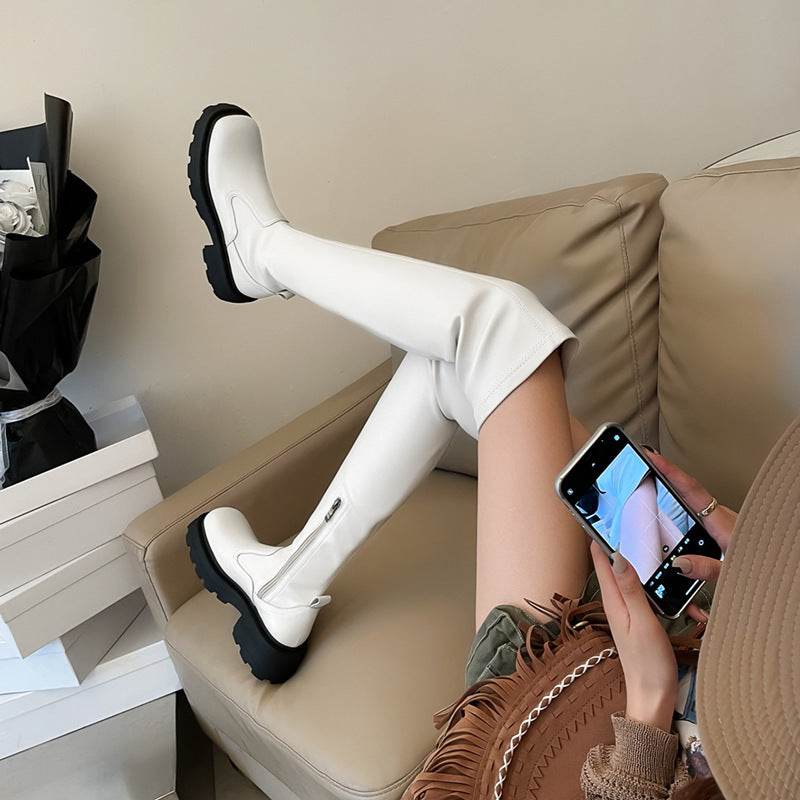 Leather Platform Elastic Over-the-knee Boots - Mubimart