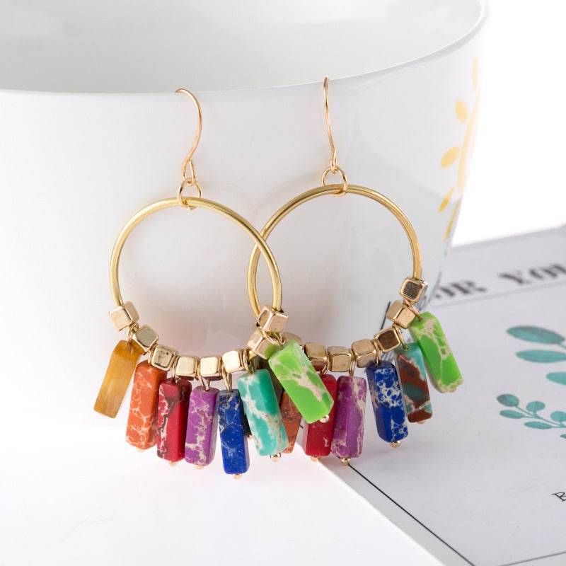 Bohemian Large Hoop Earrings Colorful Natural Turquoise Pendant Hoop - Mubimart