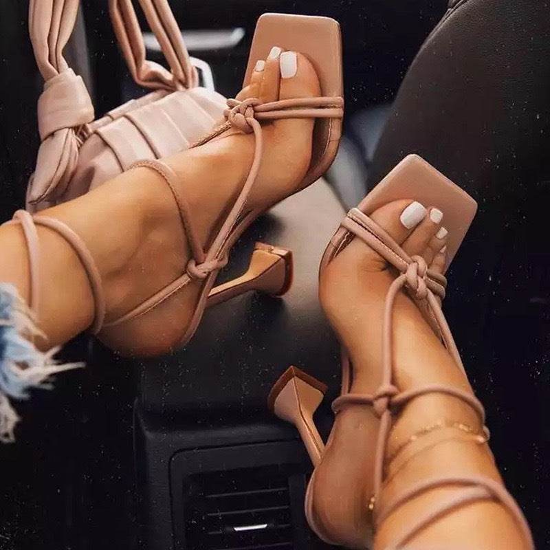 High Heel Strappy Sandals Women Square Toe Shoes Party - Mubimart