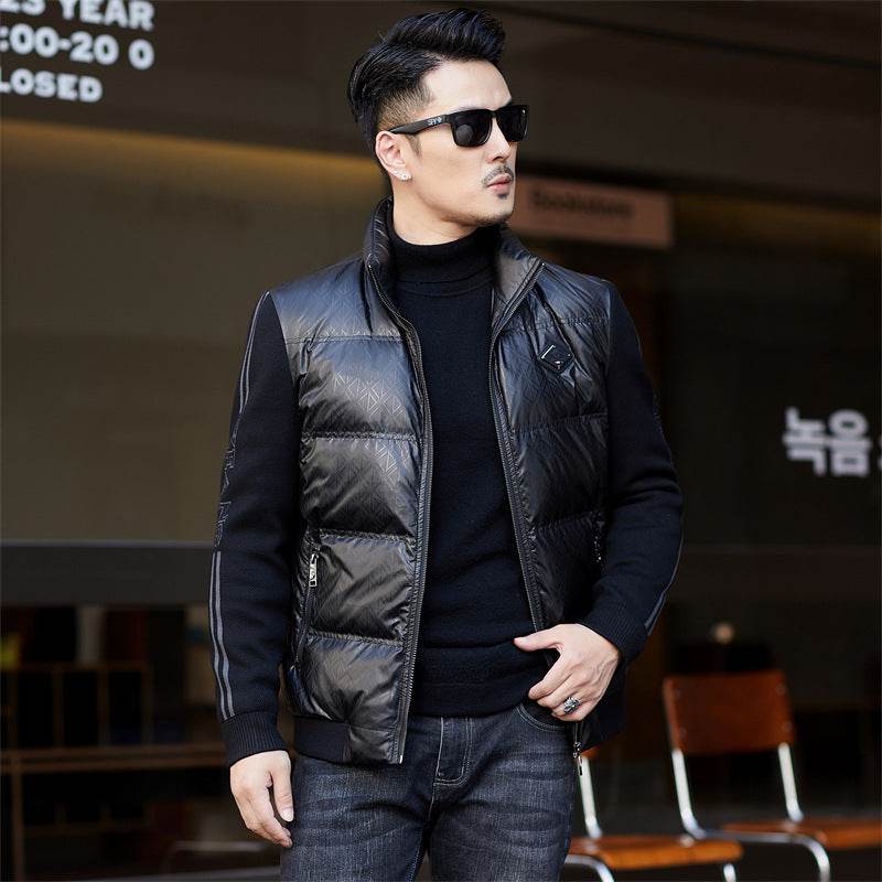Down Jacket Men's Stand Collar Knitted Sleeve Casual Duck Down Coat - Mubimart