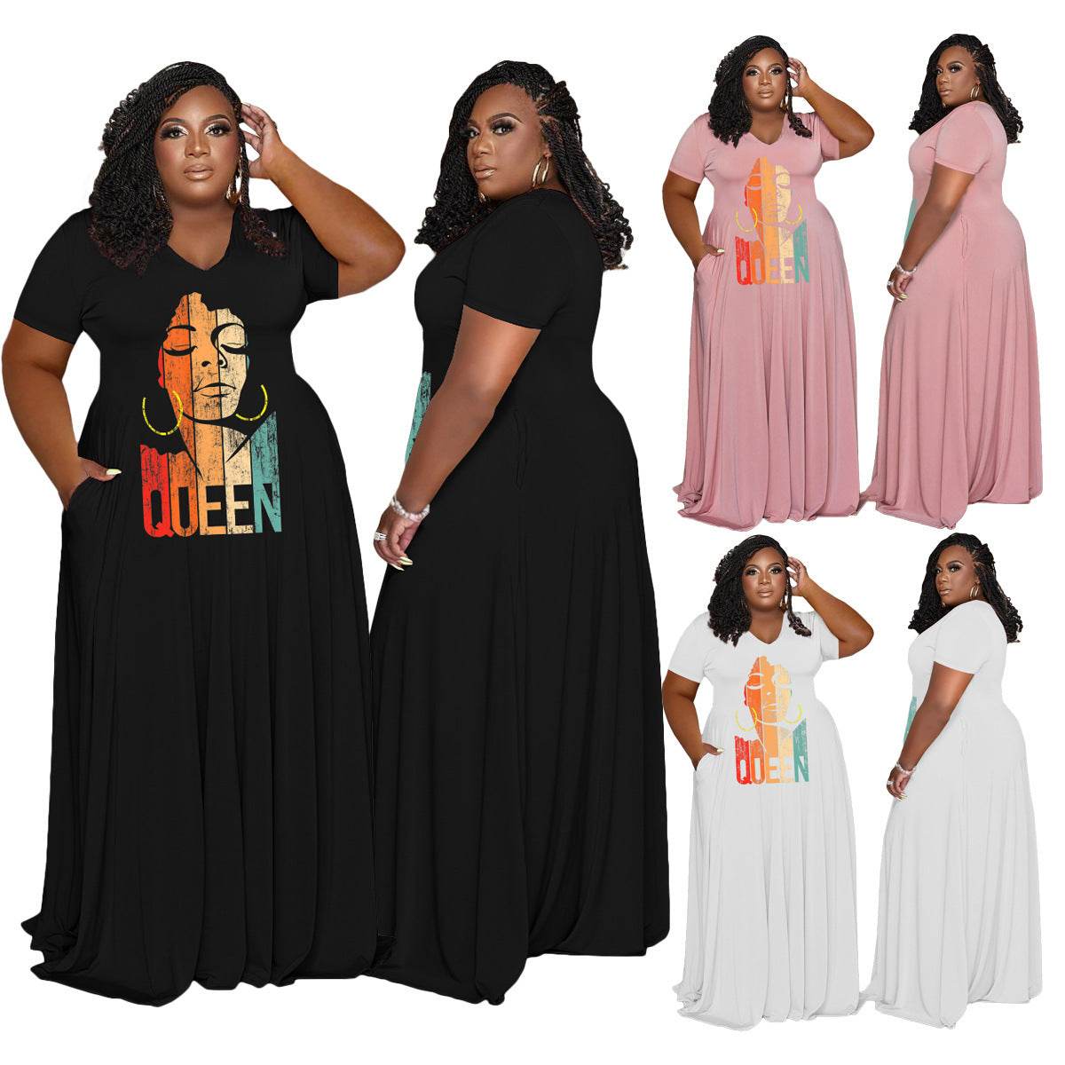 Women's Fashion Casual V-neck Plus Size Dress - Mubimart