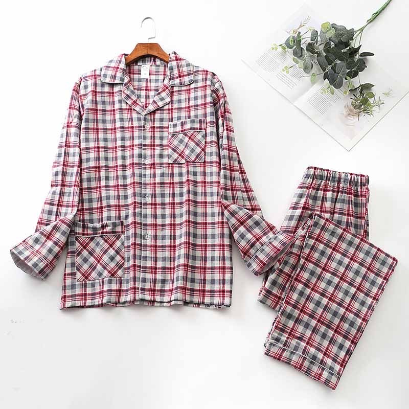 Long-sleeved Trousers And Brushed Plaid Pajama Set - Mubimart - Pajama Set 