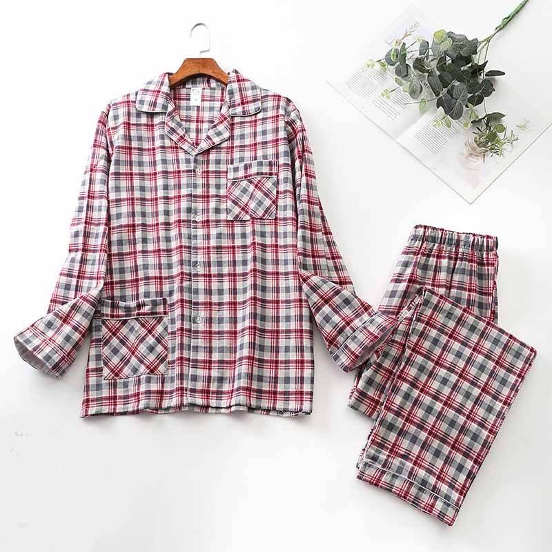 Long-sleeved Trousers And Brushed Plaid Pajama Set - Mubimart