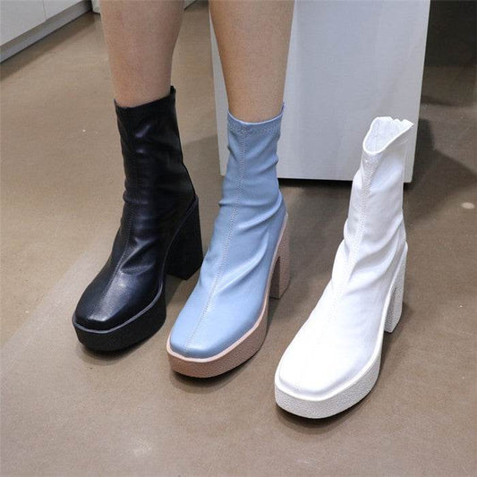 Korean Boots Square Toe Chunky Heel Waterproof - Mubimart