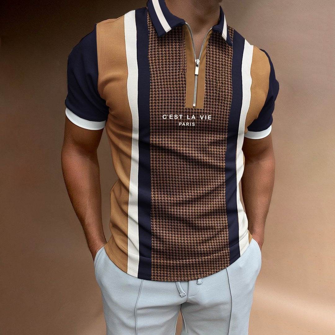 Men's Summer Polo Zipper Color Matching Sports Polo Shirt - Mubimart
