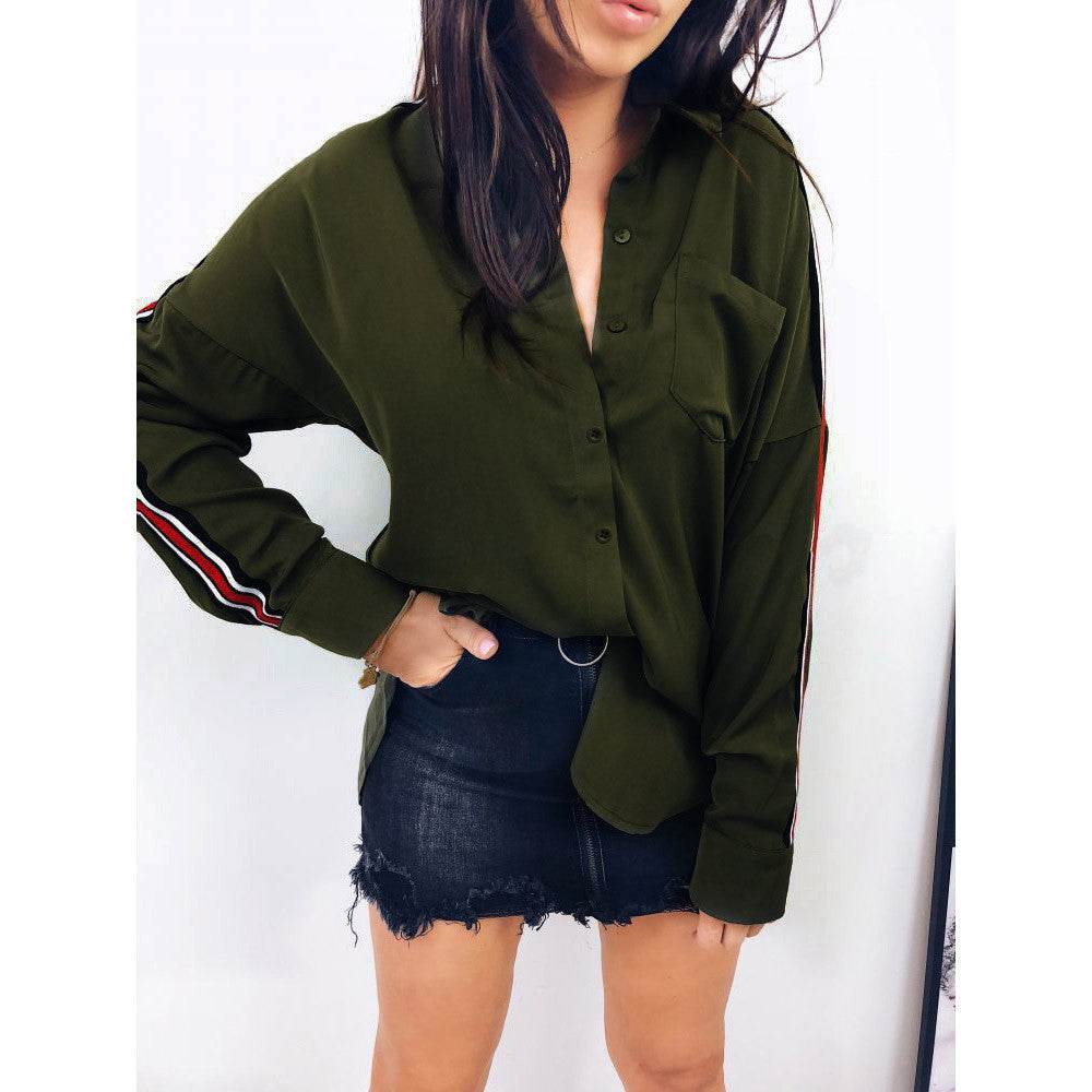 Blouse Women Casual White Stripe Long Sleeve Botton Shirt - Mubimart