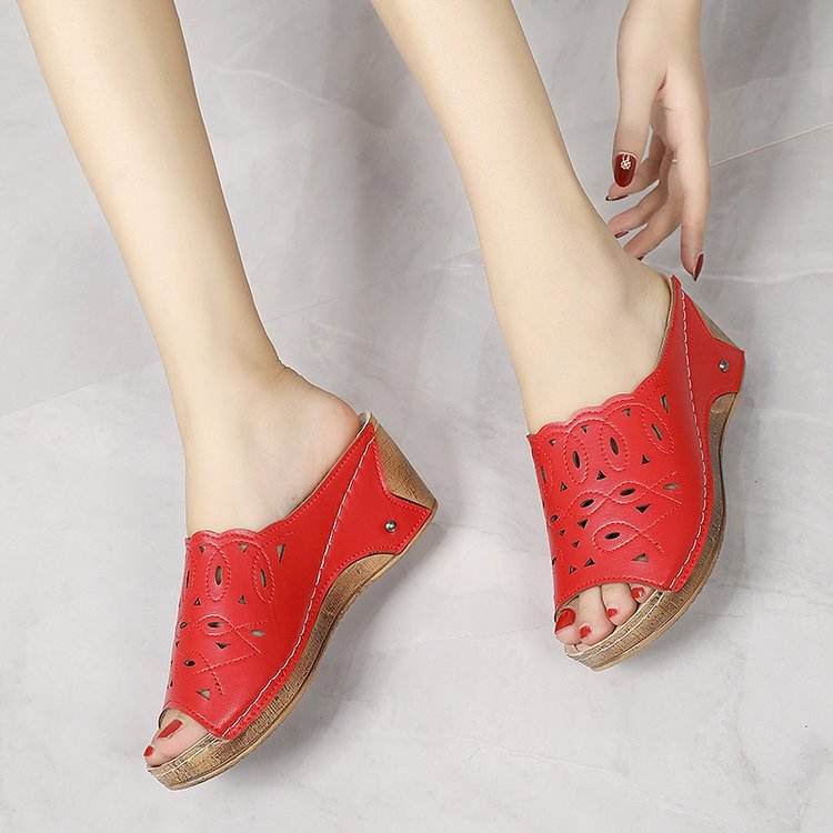 Women's Stylish Peep Toe Slip-on Wedge Sandal - Mubimart