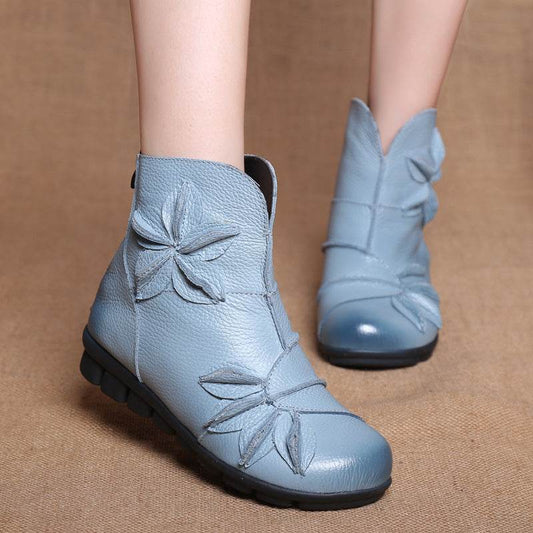 New Genuine Leather Mom Booties Women's Flat Bottom Comfort Ethnic Style Women's Boots - Mubimart