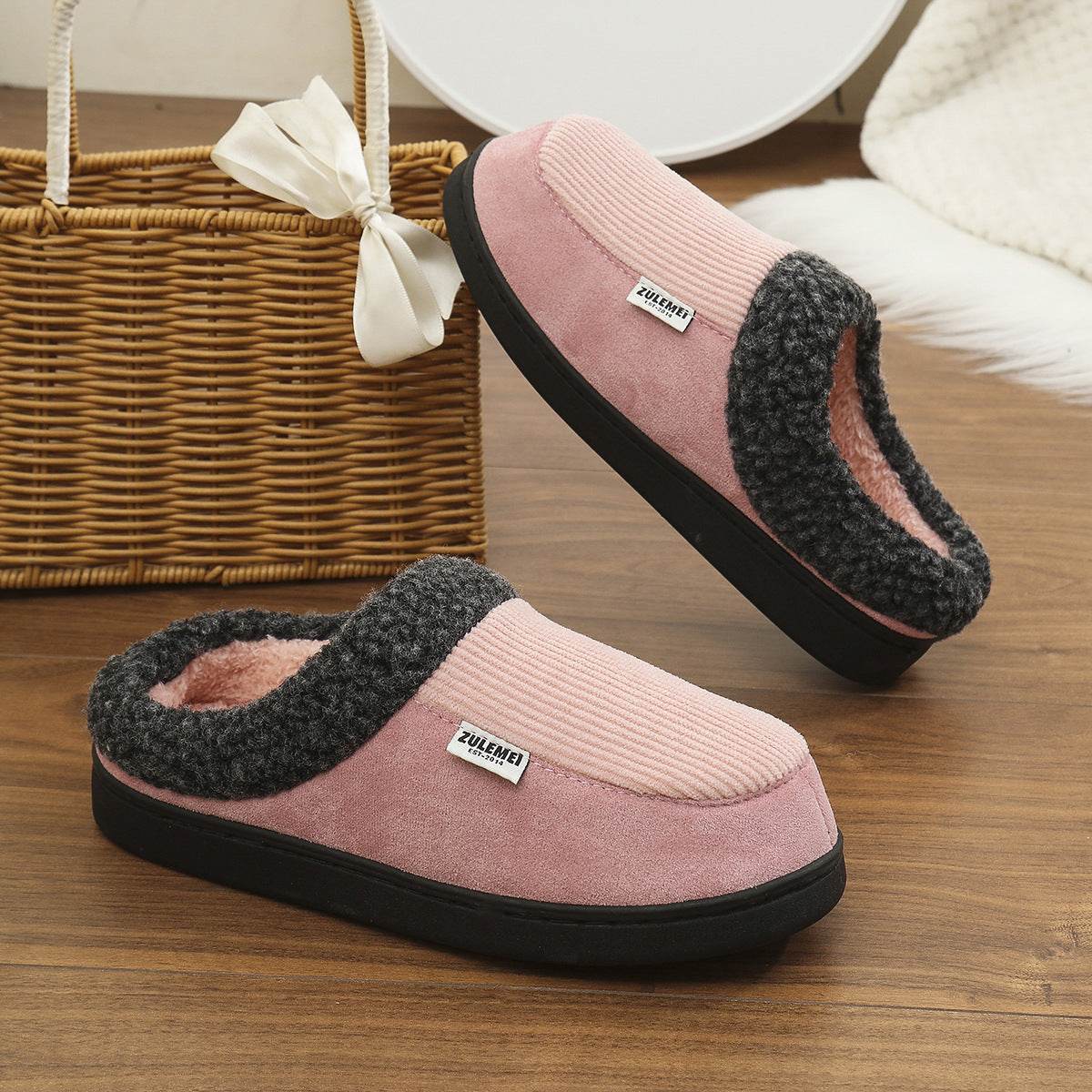 Fashion Solid Striped Cotton Slippers Winter Warm Indoor Bedroom Floor Slipper For Couples Non-slip Thick Sole House Shoes - Mubimart