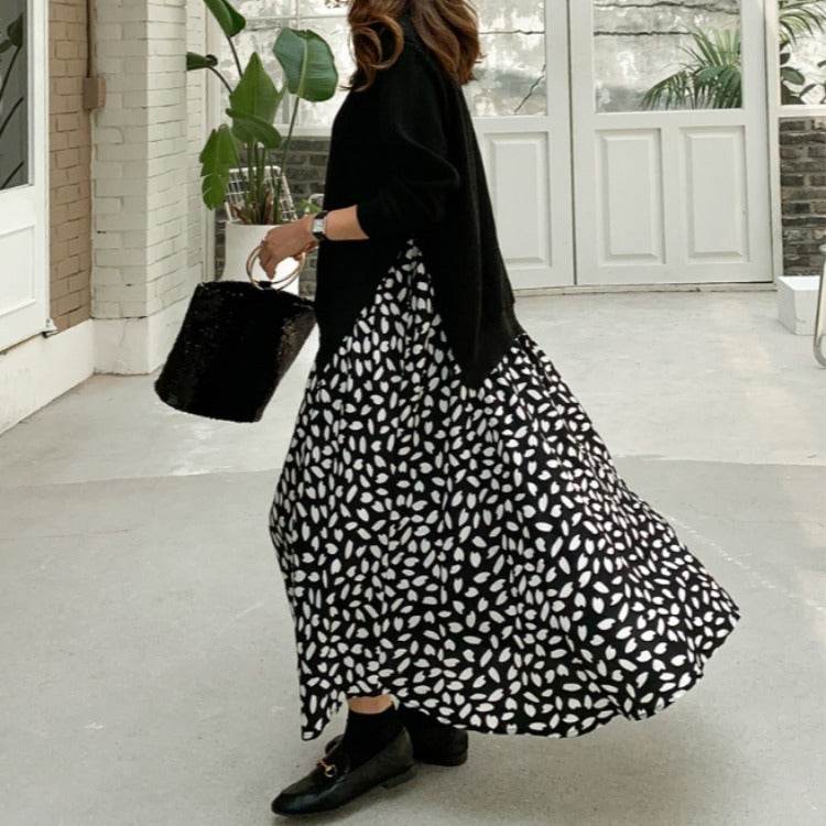 Plus Size Women's Long-sleeved T-shirt Stitching Print Big Swing Dress - Mubimart