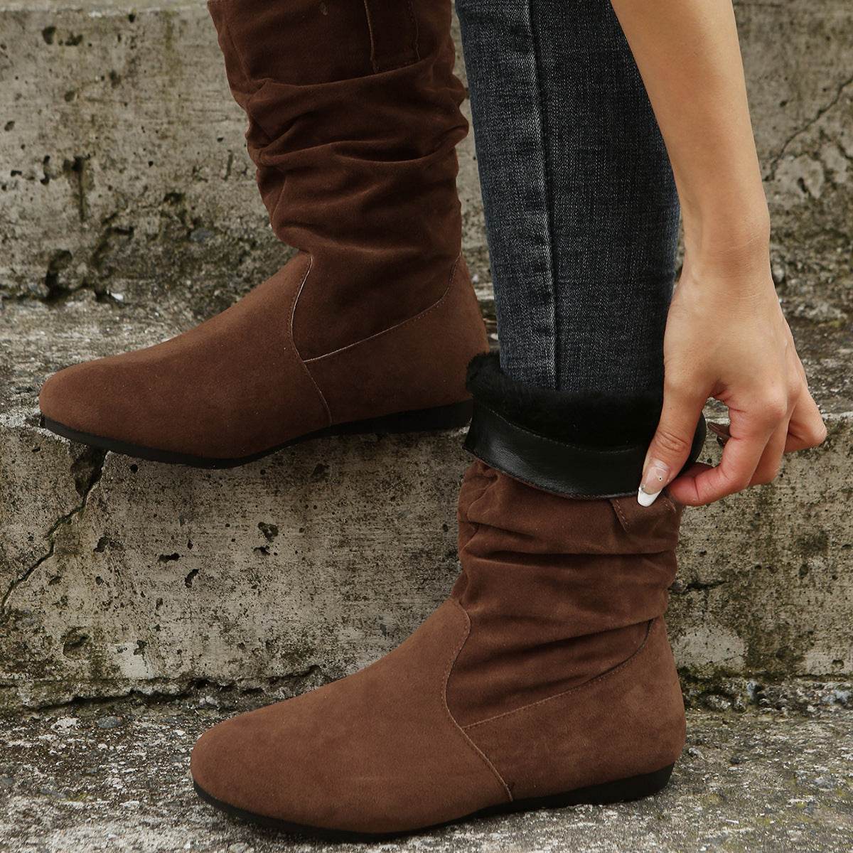 Round Toe Flat Boots Fashion Solid Color Suede Mid-calf Boot Winter Warm Shoes For Women - Mubimart
