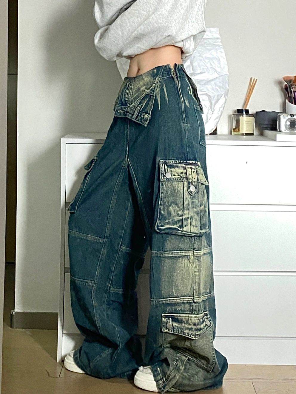 Plus Size Retro Washed Cargo Jeans Women - Mubimart