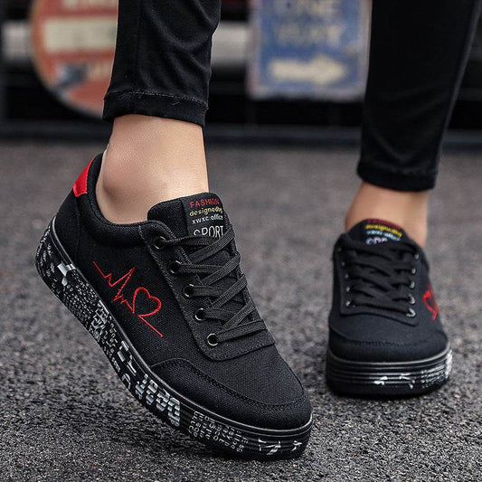 Love Print Canvas Shoes Women Men Flats Lace-up Casual Shoes Lover Sports Shoes Valentines Day - Mubimart