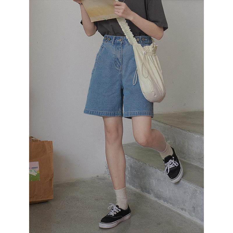 Adjustable Button Denim Shorts Women Loose Five-point Pants - Mubimart