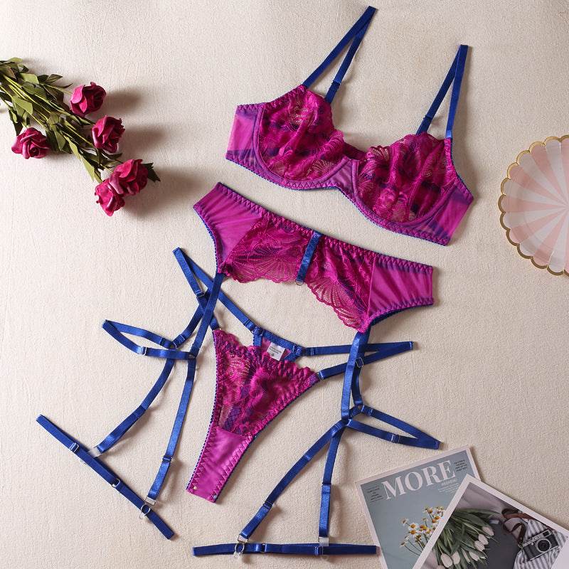 Lace Contrast Color Belt Leg Ring Garter Underwear Set - Mubimart