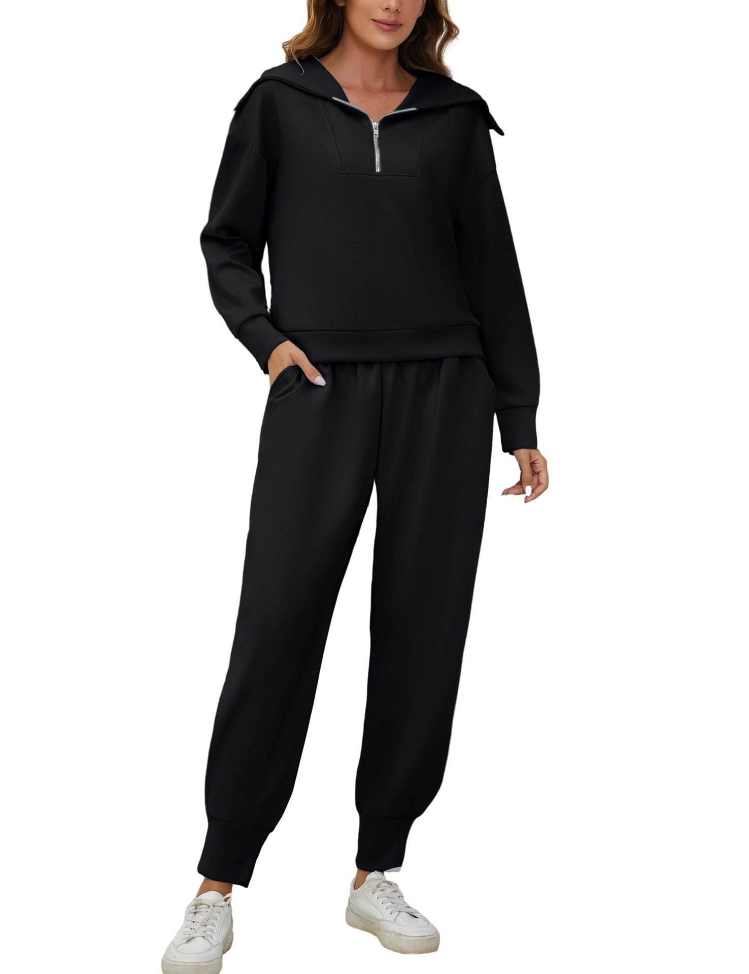 Long Sleeve Lapel Sweatshirt High Waist Workout Pants Two-piece Set - Mubimart
