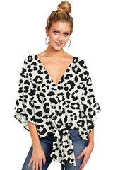 New V Neck Blouse Women Leopard Print Shirts Floral Tie Front Blouses Batwing Summer Oversize Ladies Tops - Mubimart -  