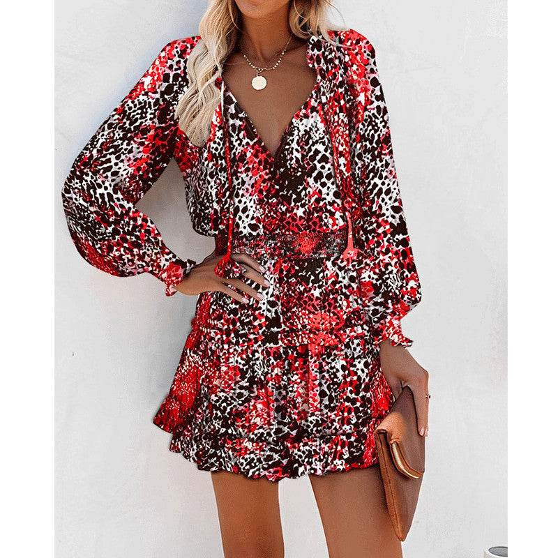 Flowers Print Long Sleeve Dress Fashion Patchwork Puff Sleeve Waist Dresses Womens Clothing - Mubimart