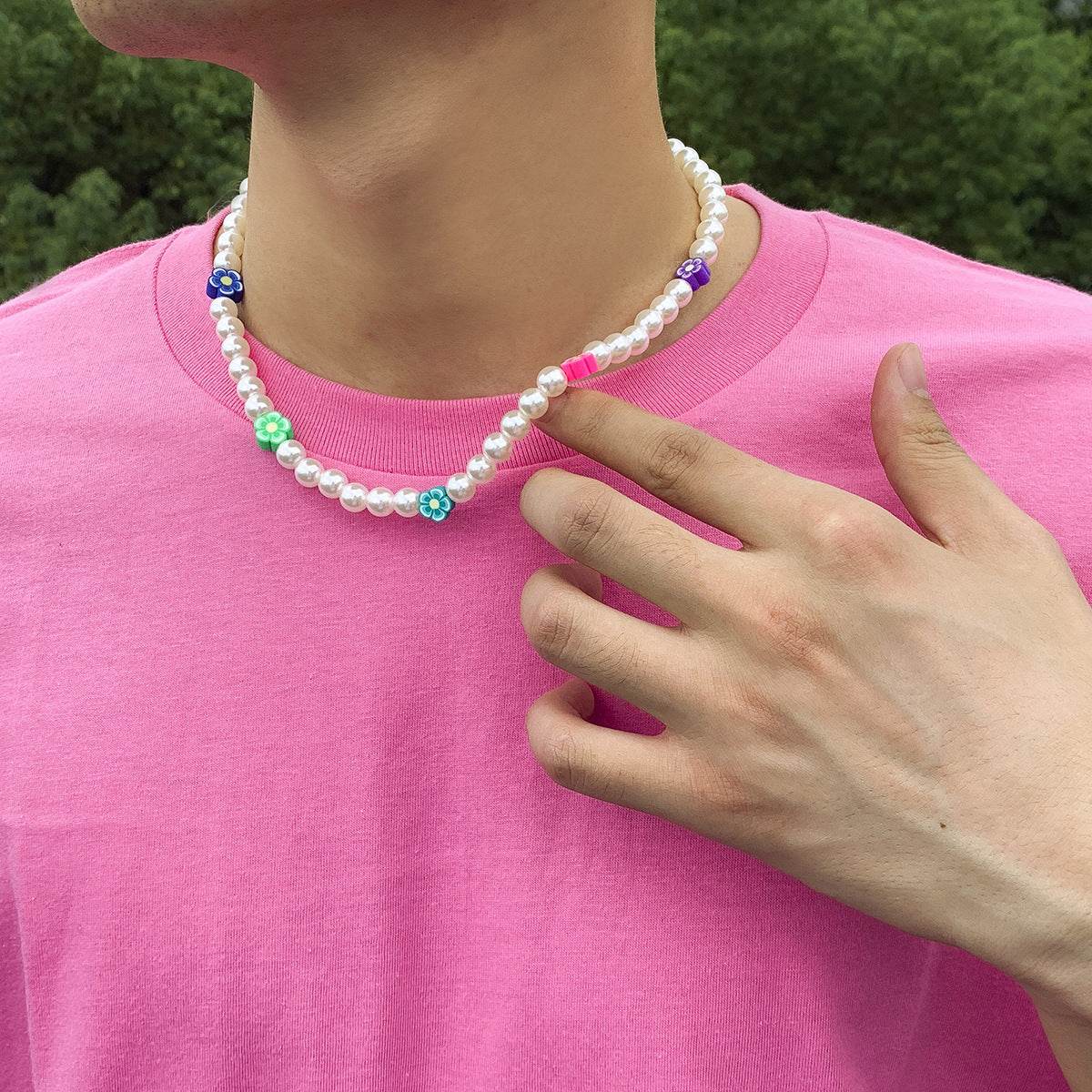 Mens Fashion Colorful Soft Pottery Flower Pearl Necklace - Mubimart