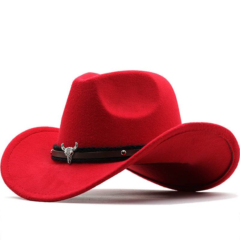 Metal Bull Head Label Western Denim Top Woolen Fedora Hat - Mubimart