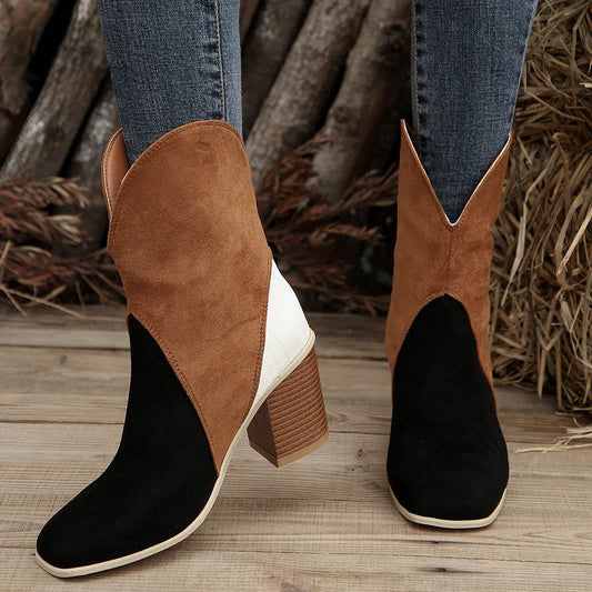 Fashion Splicing Suede Boots Retro Pointed-toe Square High Heel Mid-calf Boots For Women Fall And Winter Shoes - Mubimart