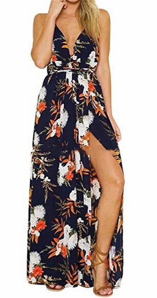 Women's Fashion Casual Printing Backless Slip Dress - Mubimart