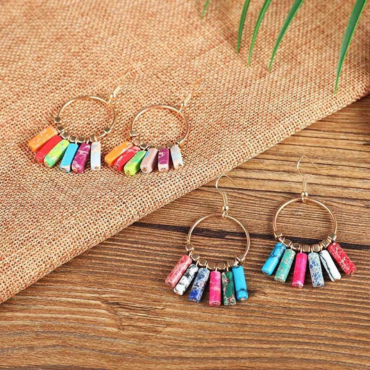 Bohemian Large Hoop Earrings Colorful Natural Turquoise Pendant Hoop - Mubimart
