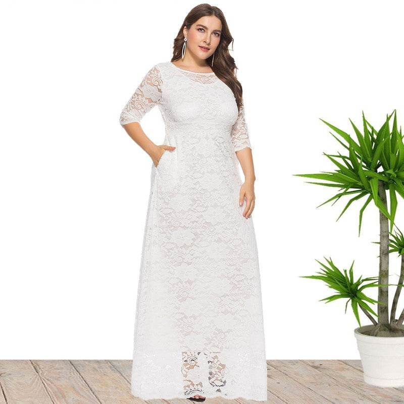 Plus Size Women New Hollow Lace Pocket Dress - Mubimart