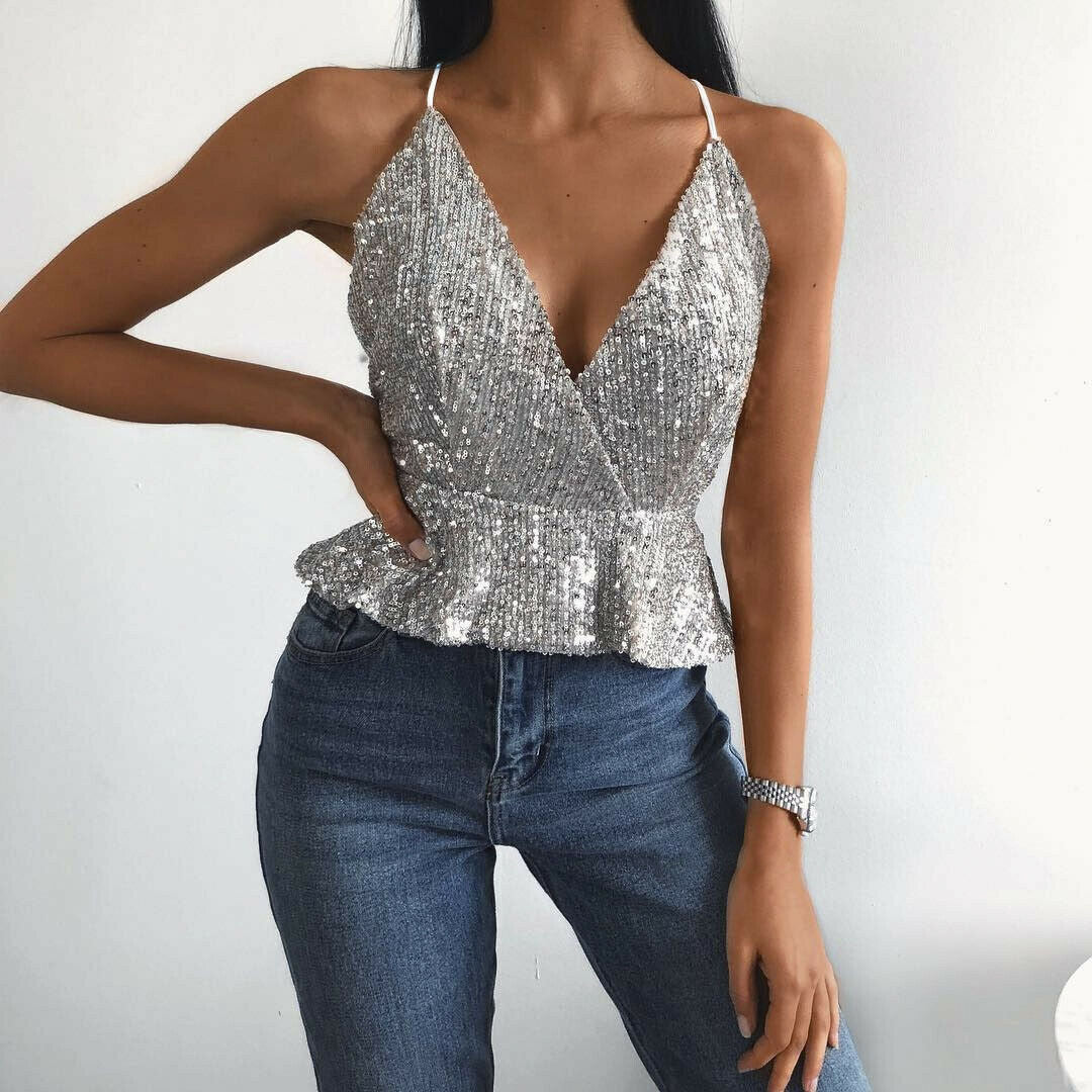 Women Sexy Luxury Sequined Crop Top Peplum Sleeveless Cropp - Mubimart -  