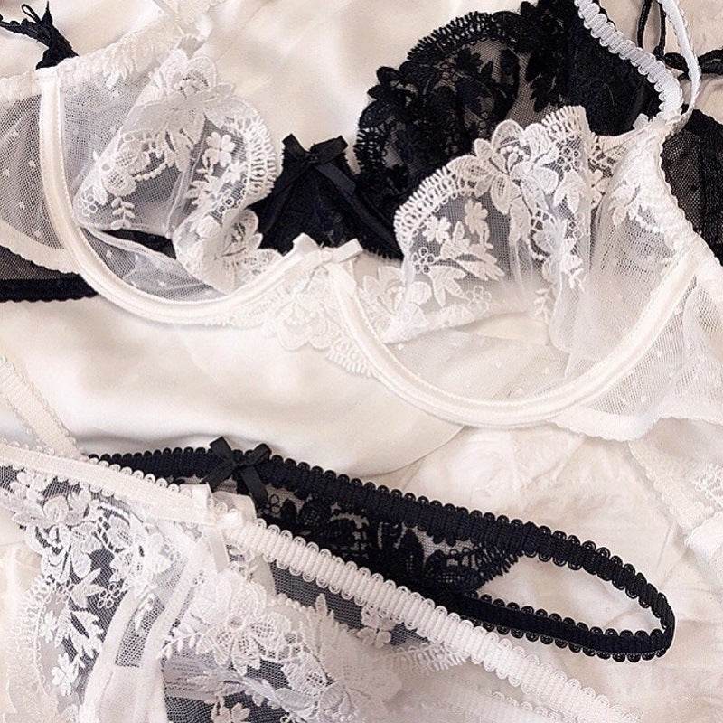 French Lace Cutout Lingerie Bra T Pants Set - Mubimart