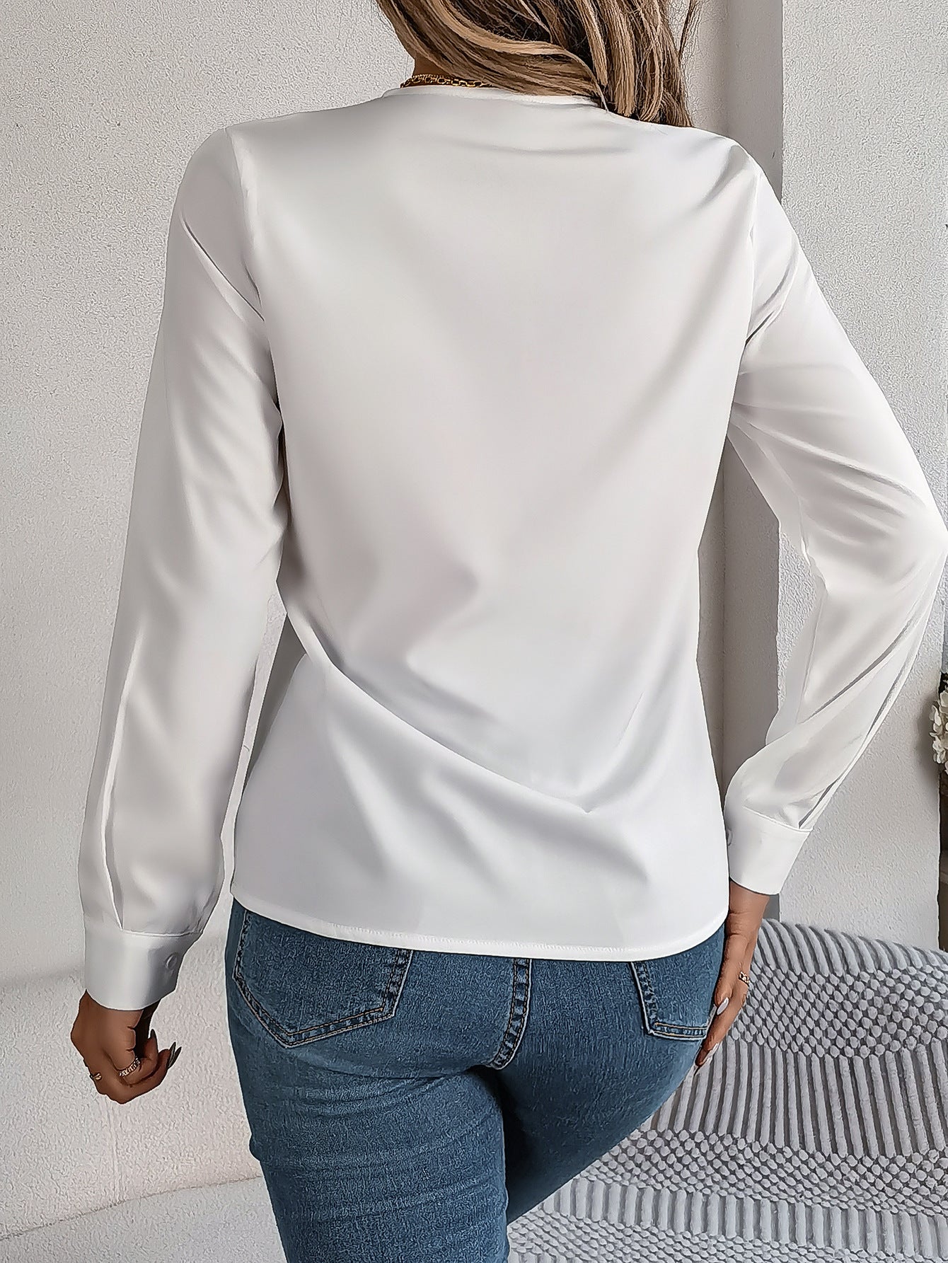 Fashion V-Neck Long Sleeve Shirt Elegant Commuter Solid Blouse Office Women's Clothing - Mubimart -  