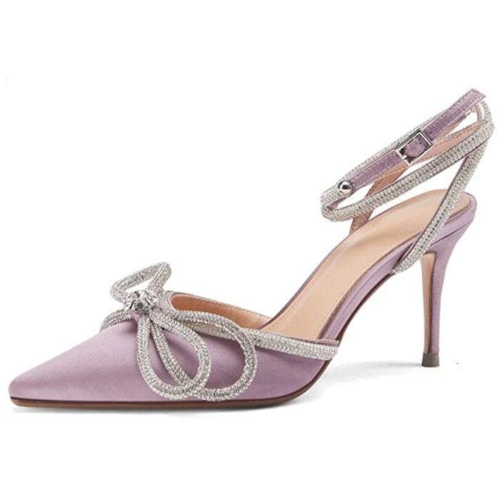 Rhinestone Bow Sandals Women's Lace-up Buckle Satin Hollow Stiletto Pointed Toe High Heels - Mubimart